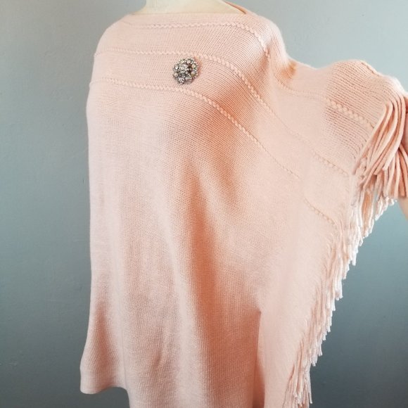 Super Soft Blush Pink Shawl Sweater Poncho with Fringe by Layers by Lizden - Picture 3 of 8